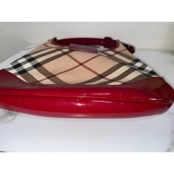 Burberry Nova Check Hobo Bag with Red Patent Trim Shoulder Bags